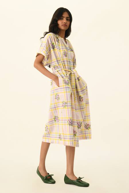 Payal Pratap Ivory Handloom Cotton Embroidery Collared Koreana Check Belted Dress Online at Aza Fashions Payal Pratap_Ivory Handloom Cotton Embroidery Collared Koreana Check Belted Dress _Online_at_Aza_Fashions