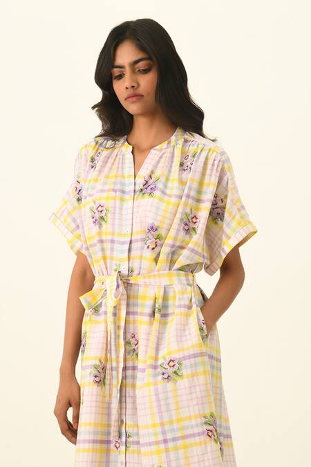 Buy Payal Pratap Ivory Handloom Cotton Embroidery Collared Koreana Check Belted Dress Online at Aza Fashions Buy_Payal Pratap_Ivory Handloom Cotton Embroidery Collared Koreana Check Belted Dress _Online_at_Aza_Fashions