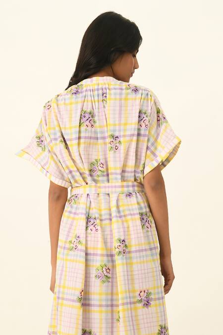 Shop Payal Pratap Ivory Handloom Cotton Embroidery Collared Koreana Check Belted Dress Online at Aza Fashions Shop_Payal Pratap_Ivory Handloom Cotton Embroidery Collared Koreana Check Belted Dress _Online_at_Aza_Fashions