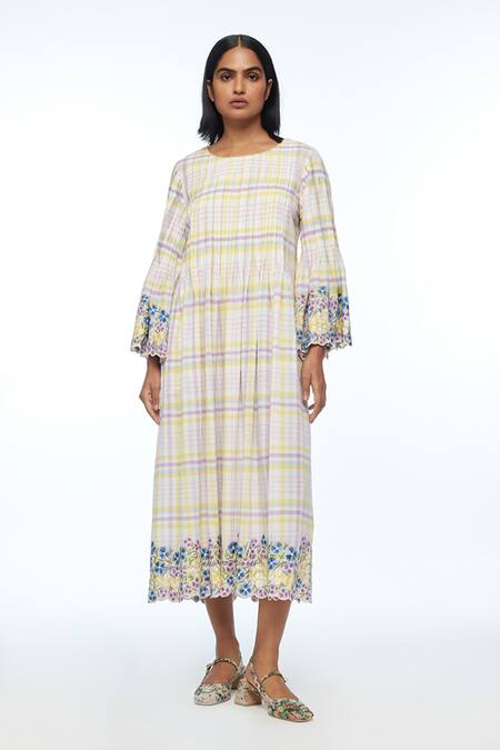 Payal Pratap_Ivory Handloom Cotton Embroidery Round Neck Oxyodon Check Dress _Online_at_Aza_Fashions