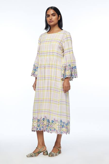 Buy_Payal Pratap_Ivory Handloom Cotton Embroidery Round Neck Oxyodon Check Dress _Online_at_Aza_Fashions