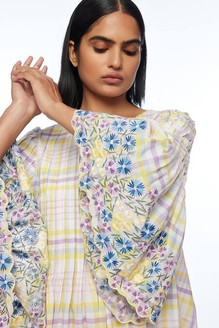 Shop_Payal Pratap_Ivory Handloom Cotton Embroidery Round Neck Oxyodon Check Dress _Online_at_Aza_Fashions