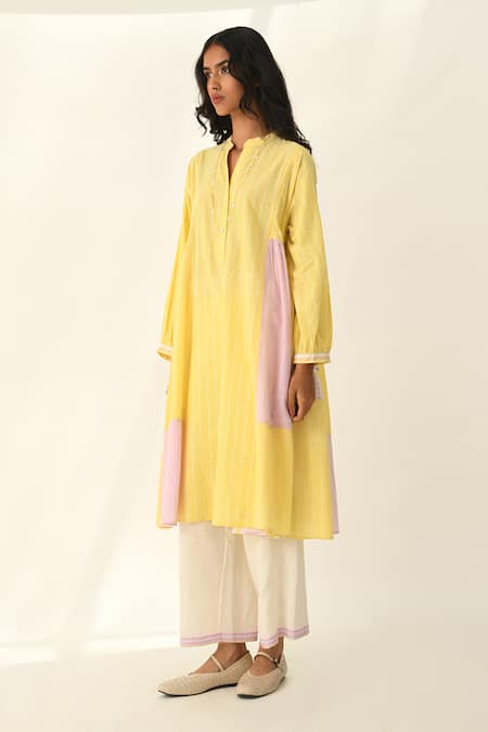 Buy_Payal Pratap_Yellow Handloom Cotton Mandarin Collar Patchwork Panel Dress _Online_at_Aza_Fashions
