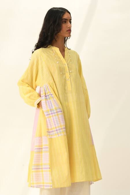 Shop_Payal Pratap_Yellow Handloom Cotton Mandarin Collar Patchwork Panel Dress _Online_at_Aza_Fashions