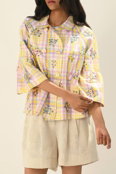 Buy_Payal Pratap_Ivory Handloom Cotton, Linen Embroidery Round Neck Moschata Raglan Sleeve Jacket _Online_at_Aza_Fashions