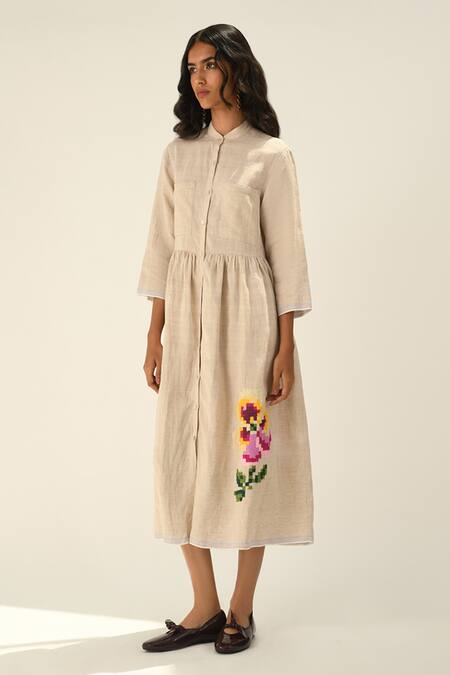 Payal Pratap_Beige Linen Embroidery Collared Massiana Dress _Online_at_Aza_Fashions