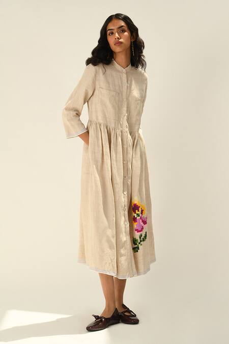 Buy_Payal Pratap_Beige Linen Embroidery Collared Massiana Dress _Online_at_Aza_Fashions