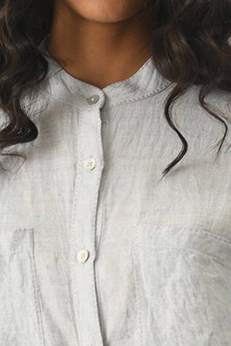 Payal Pratap_Blue Linen Embroidery Round Neck Bella Applique Dress _Online_at_Aza_Fashions