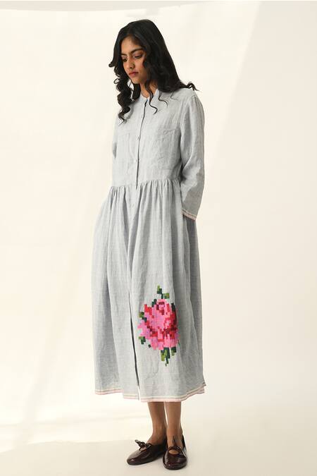 Buy_Payal Pratap_Blue Linen Embroidery Round Neck Bella Applique Dress _Online_at_Aza_Fashions