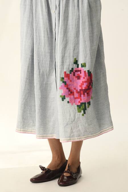 Shop_Payal Pratap_Blue Linen Embroidery Round Neck Bella Applique Dress _Online_at_Aza_Fashions