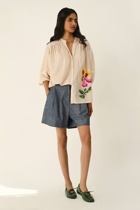 Shop Payal Pratap Beige Handloom Cotton Embroidery Collared Helenae Oversize Shirt Online at Aza Fashions Shop_Payal Pratap_Beige Handloom Cotton Embroidery Collared Helenae Oversize Shirt _Online_at_Aza_Fashions