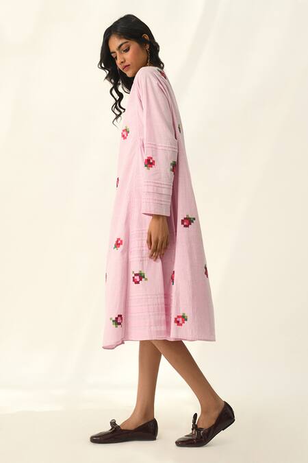 Payal Pratap Pink Handloom Cotton Embroidery Round Neck Glomerata Rose Tunic Online at Aza Fashions Payal Pratap_Pink Handloom Cotton Embroidery Round Neck Glomerata Rose Tunic _Online_at_Aza_Fashions