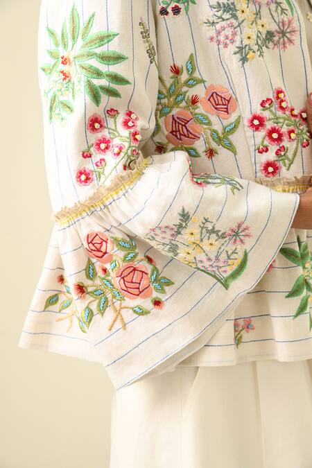 Payal Pratap_Ivory Cotton, Linen Embroidery Open Neck Floral Peplum Jacket _Online_at_Aza_Fashions
