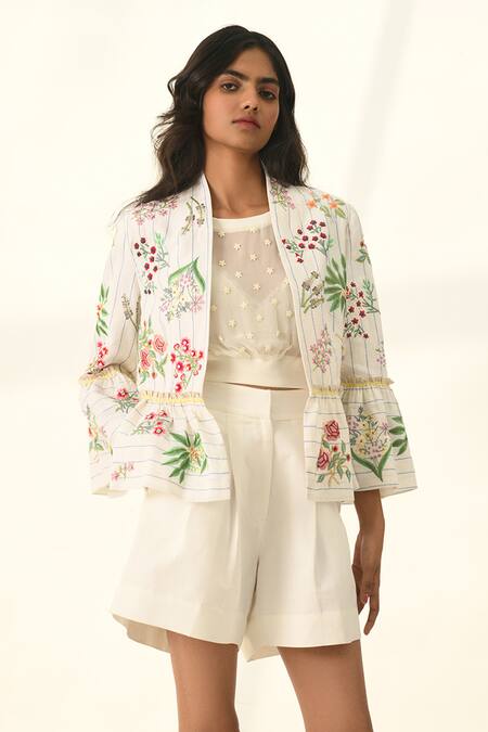 Shop_Payal Pratap_Ivory Cotton, Linen Embroidery Open Neck Floral Peplum Jacket _Online_at_Aza_Fashions