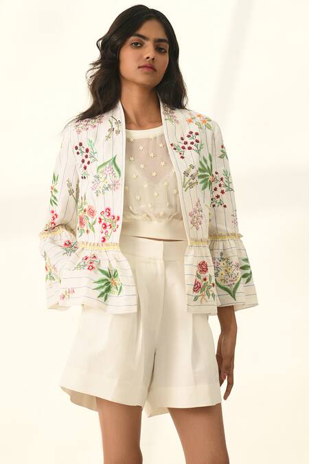 Payal Pratap_Ivory Cotton, Linen Embroidery Open Neck Floral Peplum Jacket _at_Aza_Fashions