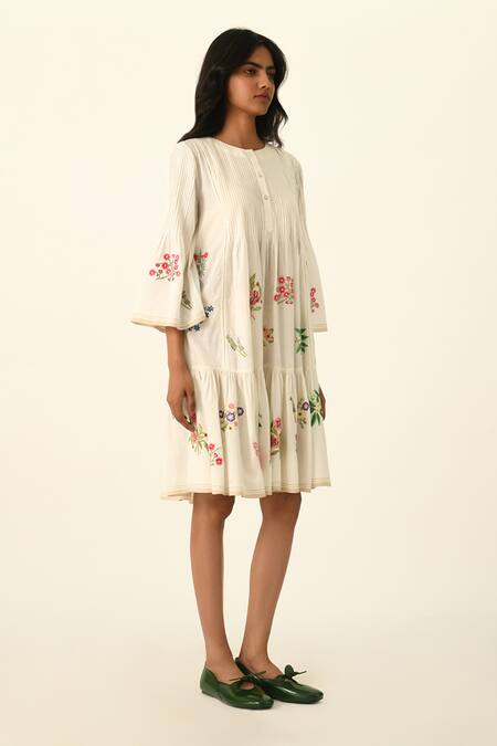 Payal Pratap Ivory Handloom Cotton Embroidery Round Neck Mutabilis Tiered Dress Online at Aza Fashions Payal Pratap_Ivory Handloom Cotton Embroidery Round Neck Mutabilis Tiered Dress _Online_at_Aza_Fashions
