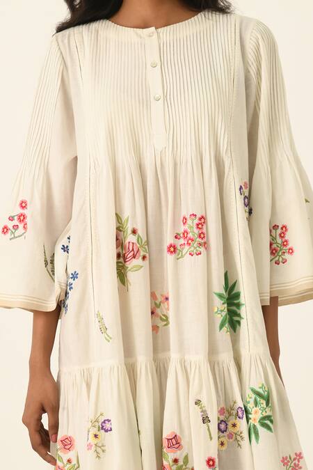 Shop Payal Pratap Ivory Handloom Cotton Embroidery Round Neck Mutabilis Tiered Dress Online at Aza Fashions Shop_Payal Pratap_Ivory Handloom Cotton Embroidery Round Neck Mutabilis Tiered Dress _Online_at_Aza_Fashions