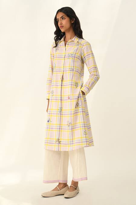 Payal Pratap_Ivory Handloom Cotton Embroidery Collared Pinetorum Check Tunic _Online_at_Aza_Fashions