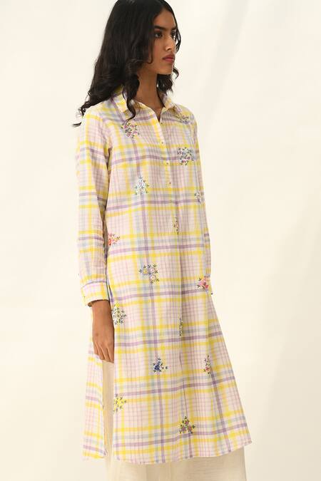 Shop_Payal Pratap_Ivory Handloom Cotton Embroidery Collared Pinetorum Check Tunic _Online_at_Aza_Fashions