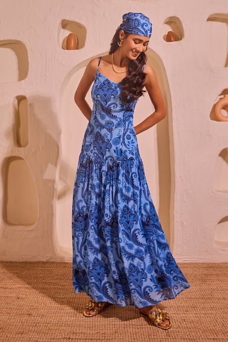 Nitara Dhanraj Label Blue Crepe Scoop Neck Designer Dress 