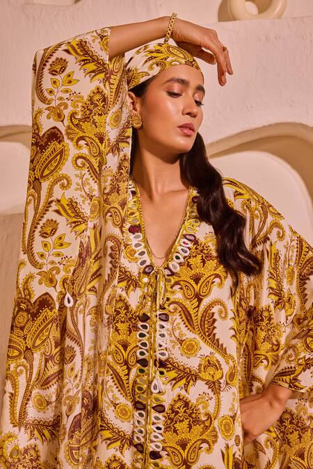 Nitara Dhanraj Label_Yellow Crepe V-neck Designer Lemon Kaftan _Online_at_Aza_Fashions