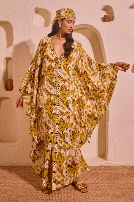 Nitara Dhanraj Label Yellow Crepe V-neck Designer Lemon Kaftan
