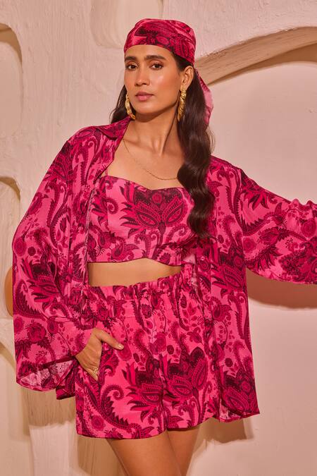 Nitara Dhanraj Label_Pink Crepe Embroidery Open Neck Designer Shirt Bustier And Shorts Set _Online_at_Aza_Fashions
