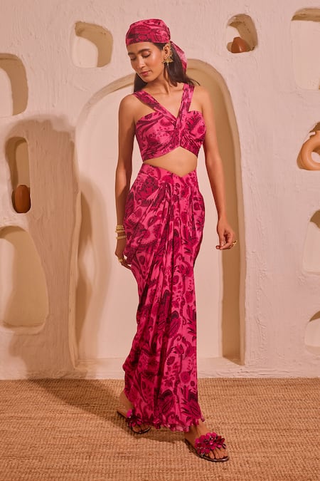 Nitara Dhanraj Label Pink Crepe Asymmetric, One Shoulder Designer Top And Draped Skirt Set 