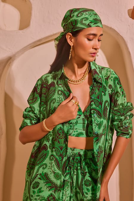Buy_Nitara Dhanraj Label_Green Crepe Collared, Scoop Neck Designer Shirt Bustier Pant Set _Online_at_Aza_Fashions