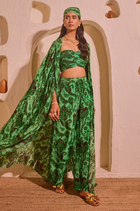 Nitara Dhanraj Label Green Designer Cape Bustier Pant Set 