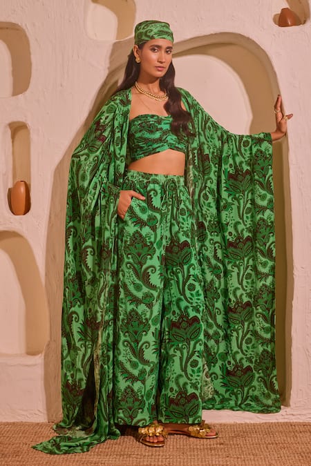 Nitara Dhanraj Label Green Designer Cape Bustier Pant Set 