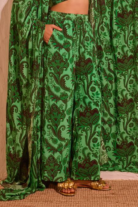 Nitara Dhanraj Label_Green Crepe Open , Square Designer Cape Bustier Pant Set _Online_at_Aza_Fashions