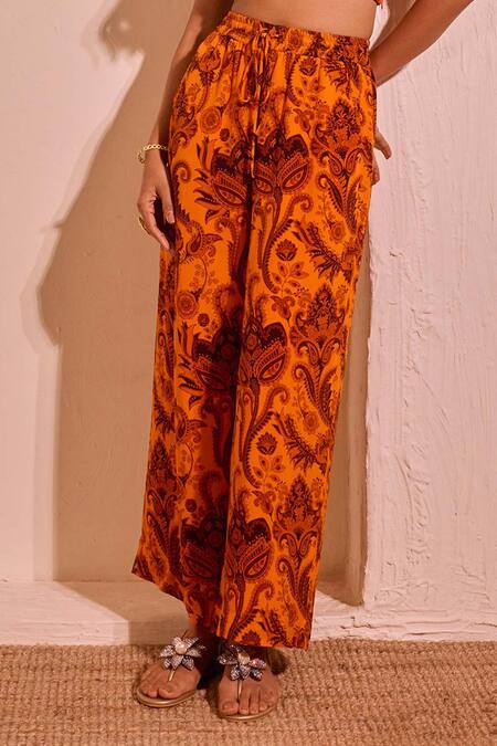 Nitara Dhanraj Label_Orange Crepe Halter Neck Printed Top And Pant Set _Online_at_Aza_Fashions