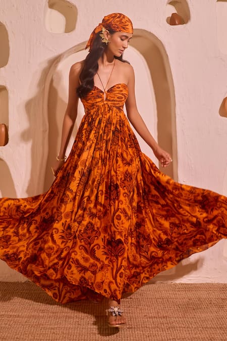 Nitara Dhanraj Label Designer Orange Pure Italian Crepe Dress 