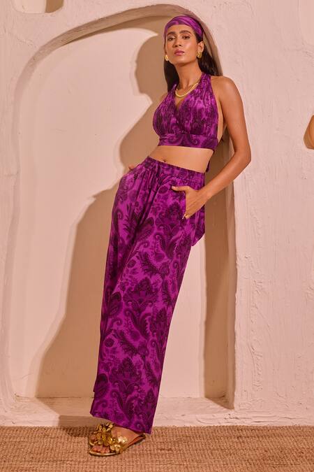 Buy_Nitara Dhanraj Label_Purple Crepe Halter Neck Iris Designer Top And Pant Set _Online_at_Aza_Fashions