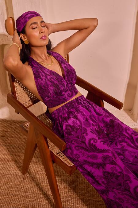 Nitara Dhanraj Label_Purple Crepe Halter Neck Iris Designer Top And Pant Set _at_Aza_Fashions