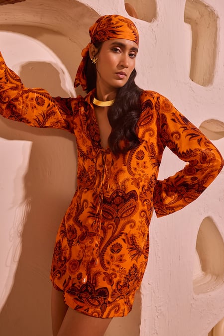 Buy_Nitara Dhanraj Label_Orange Crepe V-neck Designer Shirt And Shorts Set _Online_at_Aza_Fashions