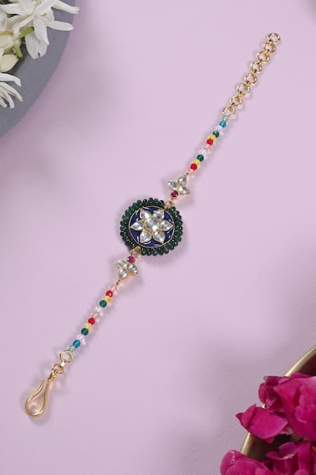 Shlok Jewels Multi Color Gemstones Jadau Kundan Rakhi With Semi-precious 
