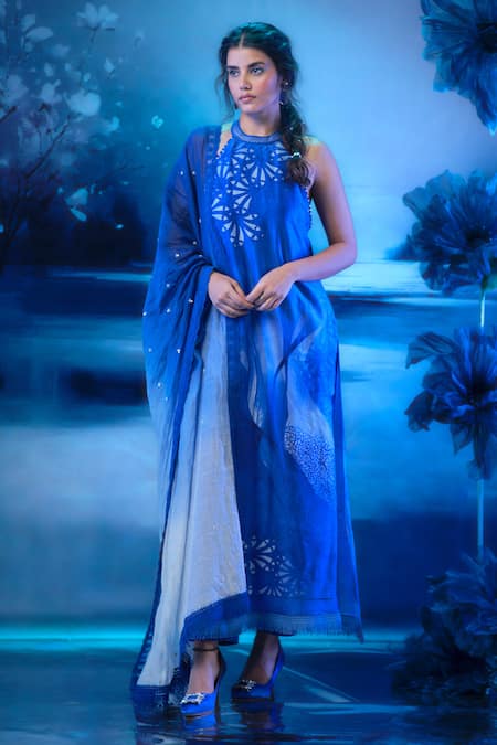 Mandira Wirk - Indian Blue Chanderi Kurta Pant Dupatta Set 