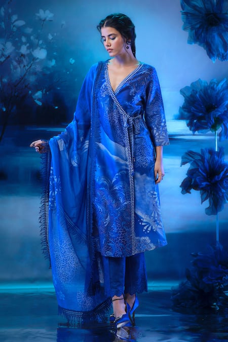 Mandira Wirk - Indian Blue Chanderi Angarkha Set 
