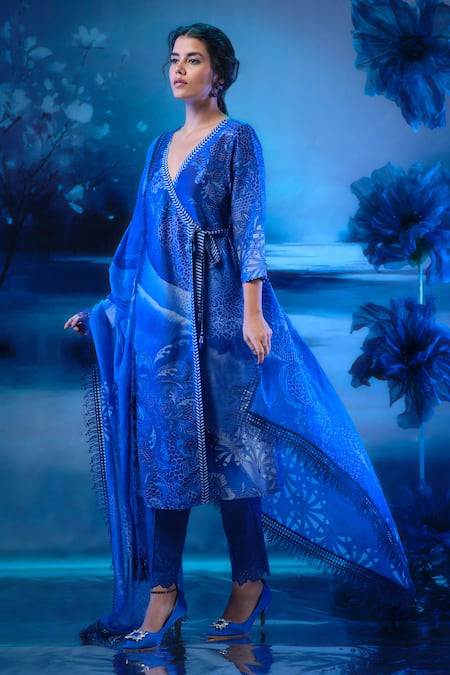 Buy_Mandira Wirk - Indian_Blue Chanderi Sequins, Embroidery V-neck Angarkha Set _Online_at_Aza_Fashions