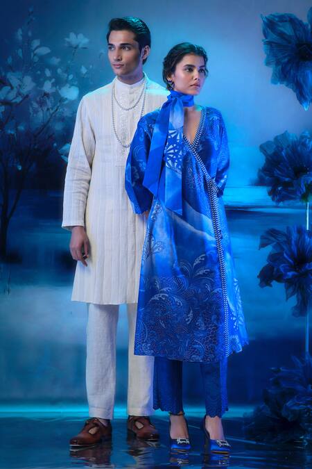 Shop_Mandira Wirk - Indian_Blue Chanderi Sequins, Embroidery V-neck Angarkha Set _Online_at_Aza_Fashions