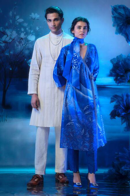 Mandira Wirk - Indian_Blue Chanderi Sequins, Embroidery V-neck Angarkha Set _at_Aza_Fashions