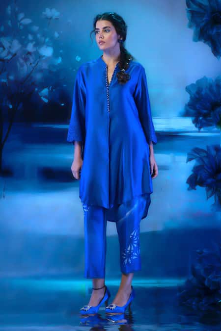 Mandira Wirk - Indian Chanderi Blue Kurta Set 