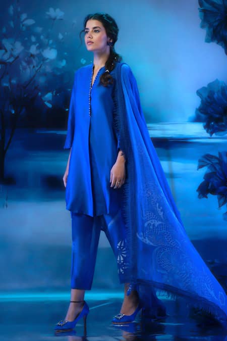 Shop_Mandira Wirk - Indian_Blue Chanderi Embroidery Round Neck Kurta Set _Online_at_Aza_Fashions
