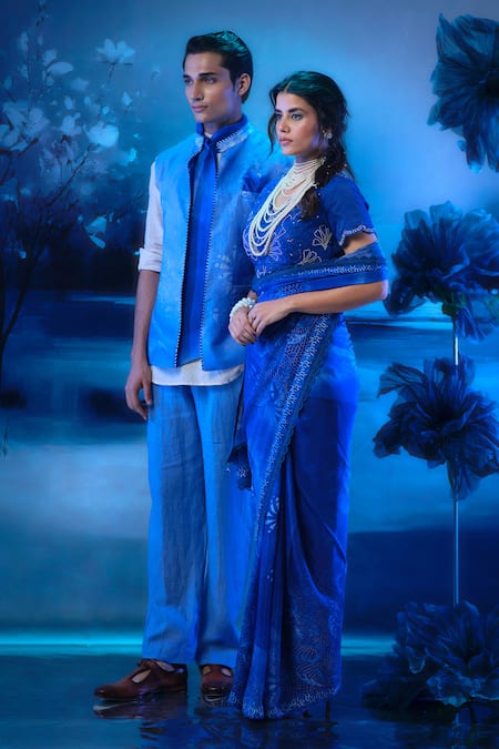 Buy_Mandira Wirk - Indian_Blue Chanderi Embroidery, Zari Designer Saree Set _Online_at_Aza_Fashions