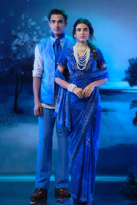 Shop_Mandira Wirk - Indian_Blue Chanderi Embroidery, Zari Designer Saree Set _Online_at_Aza_Fashions