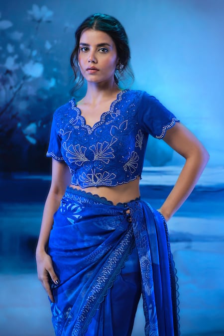 Mandira Wirk - Indian_Blue Chanderi Embroidery, Zari Designer Saree Set _at_Aza_Fashions