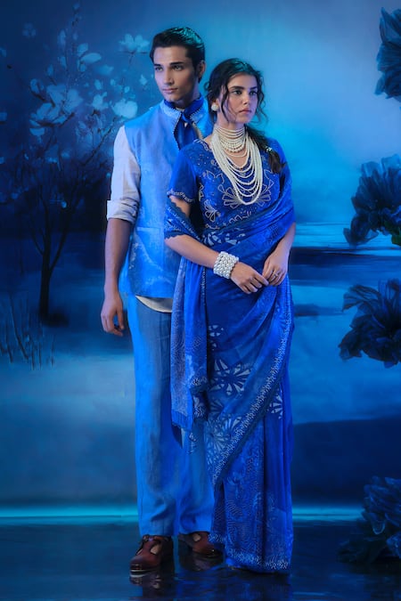 Buy_Mandira Wirk - Indian_Blue Chanderi Embroidery, Zari Designer Saree Set 