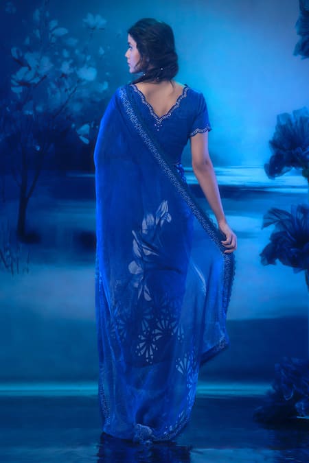 Mandira Wirk - Indian Designer Blue Chanderi Saree Set 